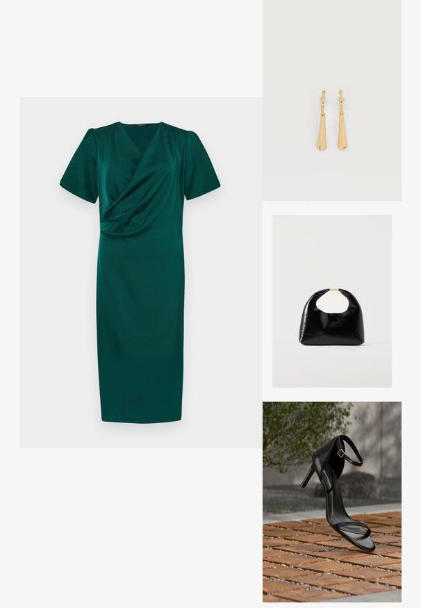 Robe teal à longueur genou avec un design en portefeuille, manches courtes bouffantes et texture lisse. Dispose d'un décolleté en V profond et de fronces à la taille.; Sandale noire à talon haut avec sangle à la cheville, suspendue au-dessus d'un sol en carreaux de bois à l'extérieur, avec un arrière-plan flou de verdure et de pierre.; Sac à main en cuir noir avec poignée arrondie et fermoir doré, sur un fond clair uni.; Boucles d'oreilles pendantes en ton or avec des pendentifs lisses en forme de goutte allongée suspendus à de petites attaches en forme d'anneau sur un fond blanc.