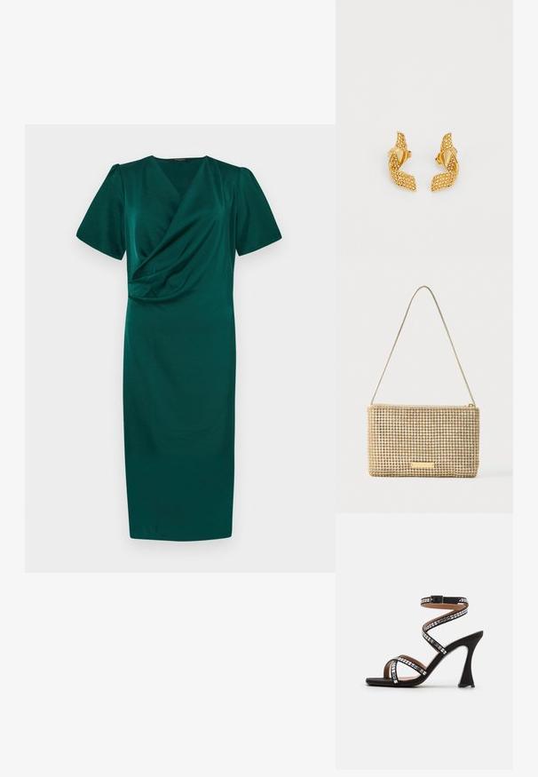 Robe teal à longueur genou avec un design en portefeuille, manches courtes bouffantes et texture lisse. Dispose d'un décolleté en V profond et de fronces à la taille.; Sandale noire à talon haut avec une sangle de cheville spirale, ornée de détails métalliques carrés, à bout ouvert, et un design de talon courbé élégant.; Pochette dorée de forme rectangulaire, recouverte de strass argentés brillants. Dotée d'une fine bandoulière métallique et d'une fermeture éclair.; Boucles d'oreilles dorées au design de feuille torsadée, ornées de petits pierres scintillantes, et maintenues par un fermoir à tige.