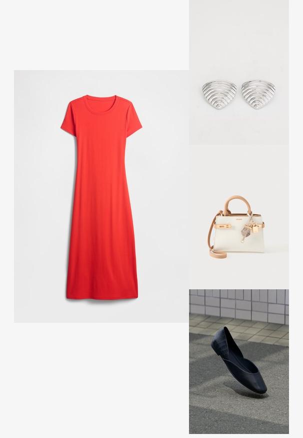 Rotes, kurzärmeliges, knielanges Kleid aus glattem Stoff mit rundem Ausschnitt und lockerem Sitz. Einfaches, einfarbiges Design.; Schwarzer flacher Lederschuh mit strukturiertem Absatz, schwebt über grauem Pflaster in der Nähe einer beige gefliesten Wand.; Kleine weiße und beige ALDO-Handtasche mit oberen Griffen, goldfarbenen Beschlägen, abnehmbarem Riemen und einem kleinen strukturierten Lederanhänger mit goldenem Schloss.; Ohrringe in Silberoptik mit einem wellenförmigen, strukturierten Design, das wie überlappende Halbmonden geformt ist; die polierte Oberfläche verstärkt die reflektierenden Eigenschaften.