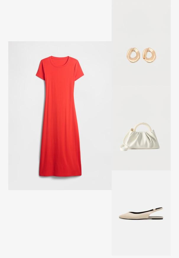 Vestido rojo de manga corta hasta la rodilla, hecho de tela suave con escote redondo y un corte holgado. Diseño sencillo y de color sólido.; Bailarinas de piel beige con tiras traseras y puntera puntiaguda, diseño minimalista, textura suave y suela negra baja.; Pequeño bolso blanco con cuerpo fruncido, asa redonda adornada con perlas y una correa de hombro desmontable sobre un fondo liso.; Par de pendientes de aro de metal en tono dorado pulido, de forma irregular y con centro abierto, sobre un fondo blanco liso.