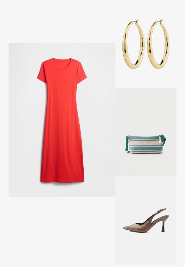 Rotes, kurzärmeliges, knielanges Kleid aus glattem Stoff mit rundem Ausschnitt und lockerem Sitz. Einfaches, einfarbiges Design.; Brauner Lederslingpumps mit spitzer Kappe, verstellbarem Schnallenriemen und schlankem, zugespitztem Absatz.; Blau-weiß gestreifte rechteckige Stofftasche mit Reißverschlusslasche aus türkisfarbenem Leder und verstellbarem Riemen.; Goldene Creolen mit einer glatten, polierten Oberfläche. Kreisform, mit einem sicheren Verschluss an der Oberseite. Die Oberfläche reflektiert das Licht.