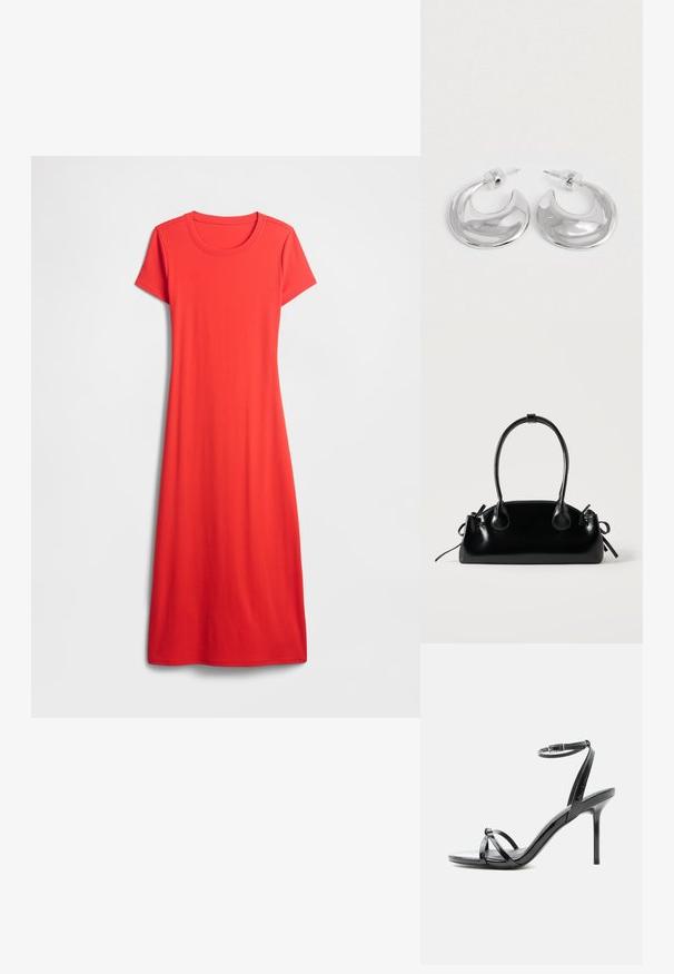 Robe rouge à manches courtes et longueur genou, en tissu lisse avec un col rond et une coupe décontractée. Design simple et uni.; Sandale à talon haut en cuir verni noir avec de fines lanières croisées sur les orteils et une sangle à boucle à la cheville sur fond blanc.; Petit sac à main noir brillant avec deux longues anses et des détails à cordon sur les côtés sur un fond clair uni.; Une paire de boucles d'oreilles en croissant argenté poli avec des supports en plastique transparent sur une surface blanche.
