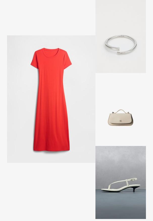 Vestido rojo de manga corta hasta la rodilla, hecho de tela suave con escote redondo y un corte holgado. Diseño sencillo y de color sólido.; Sandalia blanca de tacón kitten con tiras y punta afilada, flotando sobre un suelo de baldosas de madera al aire libre, con un fondo desenfocado de plantas y pared.; Pequeño bolso de mano de cuero beige con asa superior y logo plateado de CK en la solapa frontal, mostrado sobre un fondo blanco.; Calvin Klein SPIRAL - Pulsera - silver-coloured