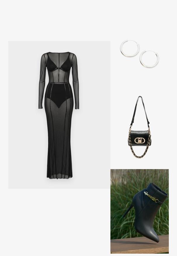 Schwarzes Mesh-Kleid mit langen Ärmeln und körpernahem Oberteil. Verfügt über transparente Einsätze und Perlenakzente entlang der Nähte, bodenlanger Schnitt.; Schwarze High-Heel-Stiefelette mit spitzem Zehenbereich und goldener Schnallen-Details, auf einer Holzoberfläche mit grünem Blattwerk im Hintergrund präsentiert.; Schwarze Lederhandtasche mit einem ovalen Logo in Goldton. Verfügt über einen Schulterriemen mit Kettenakzenten und einer glatten Textur. Elegantes Design.; Paar glatte silberne Creolen mit dünnen Drahtverschlüssen auf weißem Hintergrund.