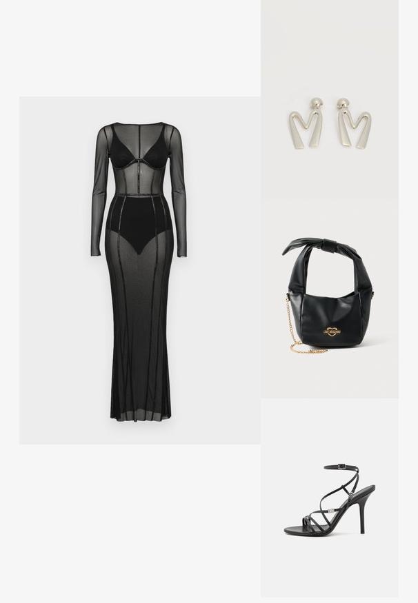 Sort mesh kjole med lange ærmer og figursyet overdel. Har gennemsigtige paneler og perleudsmykninger langs sømmene, gulvlængde design.; Sort højhælet sandal med tynde stropper, en ankelspænde, en glat læderoverflade og en slank stilethæl.; Sort blød læder Love Moschino håndtaske med knyttet håndtag og guldkæde-strop på hvid baggrund.; Par sølvtonede metaleøreringe formet som den kantede bogstav M med runde fester på en hvid baggrund.