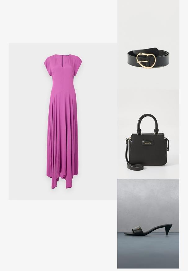 Lang, ærmeløs kjole i en livlig pink farve. Fremstillet af blødt stof med en afslappet pasform, har den en V-udskæring og en flydende, samlede nederdel.; Sort læder åben-toe sandal med hæl og guld logo på remmen, der svæver over en flisebelagt udendørs overflade med grønne planter i baggrunden.; Sort Lacoste håndtaske med en struktureret design, glat tekstur, top håndtag og en aftagelig skulderrem. Har et guld logo-tilbehør.; Sort læderbælte med en uregelmæssig dråbeformet spænde i guldmetal, krøllet sammen på en hvid baggrund.