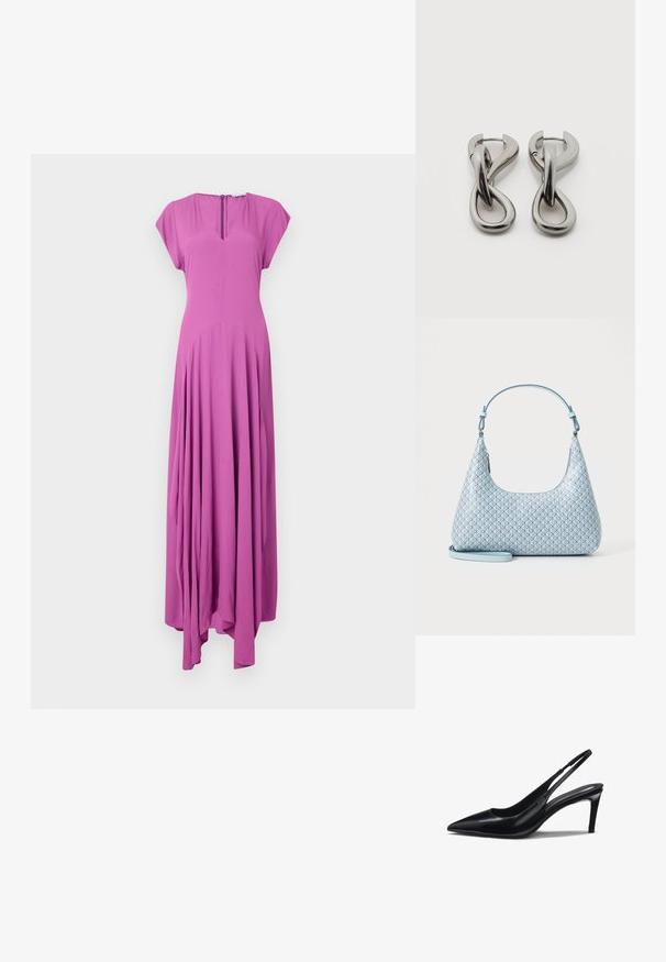 Lange, mouwloze jurk in helderroze. Gemaakt van zachte stof met een relaxte pasvorm, voorzien van een V-halslijn en een vloeiende, geraffineerde rok.; Zwart leren slingback-pumps met puntige neus, een slanke naaldhak en een smalle band rond de hiel.; Lichtblauwe handtas met een gladde, gestructureerde afwerking, voorzien van een geometrisch patroon van kleine diamanten en een afneembare schouderband voor veelzijdigheid.; Set zilverkleurige metalen oorbellen met een abstract ontwerp van in elkaar grijpende lussen op een witte achtergrond.