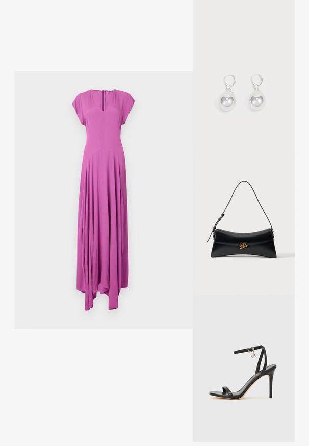 Langes, ärmelloses Kleid in lebhaftem Pink. Aus weichem Stoff mit lockerer Passform, verfügt über einen V-Ausschnitt und einen fließenden, gerafften Rock.; Schwarze High-Heel-Sandale mit schmalem Knöchelriemen, quadratischer Zehenbox, glattem Leder und metallischem Schnallenakzent.; Schwarze Lederhandtasche mit geschwungener trapezförmiger Form, oberem Griff und goldener dekorativer Schnalle auf der Vorderklappe vor weißem Hintergrund.; Silberne Tropfenohrringe mit glatten, runden, reflektierenden Oberflächen, die an Hakenverschlüssen hängen. Der Hintergrund ist reinweiß.