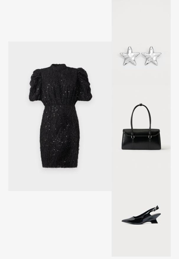 Sort tekstureret kjole med puffede ærmer, højt halsudskæring og tætsiddende talje. Har diskrete palietter, der tilføjer et glitrende detalje.; Sort laklæder slingback sko med spids tå og lav vinklet blokhæl på ensartet lys baggrund.; Sort rektangulær læderhåndtaske med klaplukning og to lange håndtag mod en ensfarvet hvid baggrund.; Sølvstjernede øreringe med en poleret, blank overflade. Hver ørering har fem spidser og subtile teksturdetaljer på overfladen.