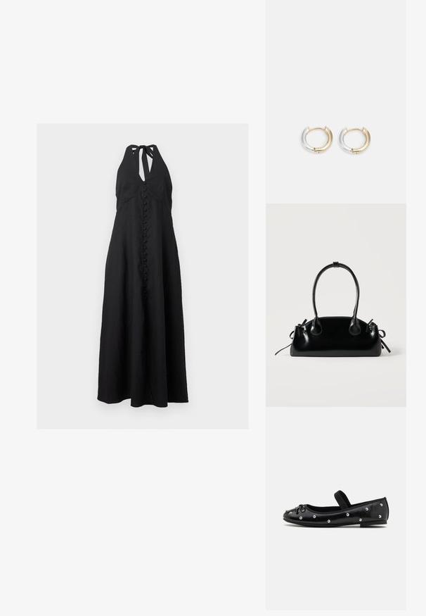 Robe maxi noire à col halter avec des boutons recouverts de tissu à l'avant et une silhouette en A.; Botte plate en cuir noir avec un bout arrondi, des clous en argent décoratifs et une sangle élastique. Elle présente une texture lisse et un talon bas.; Petit sac à main noir brillant avec deux longues anses et des détails à cordon sur les côtés sur un fond clair uni.; Boucles d'oreilles créoles en or et en argent avec une finition métallique mélangée, présentant un design courbé lisse et une fermeture sans couture.