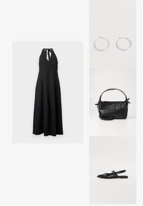 Robe maxi noire à col halter avec des boutons recouverts de tissu à l'avant et une silhouette en A.; Even&Odd Ballerines à brides arrière - black; Sac à main en cuir noir au design structuré, avec une poignée arrondie et une bandoulière amovible. Présente une texture lisse et un éclat subtil.; Boucles d’oreilles créoles en métal argenté avec une surface lisse légèrement incurvée et des fermoirs à clapet sur un fond blanc uni.