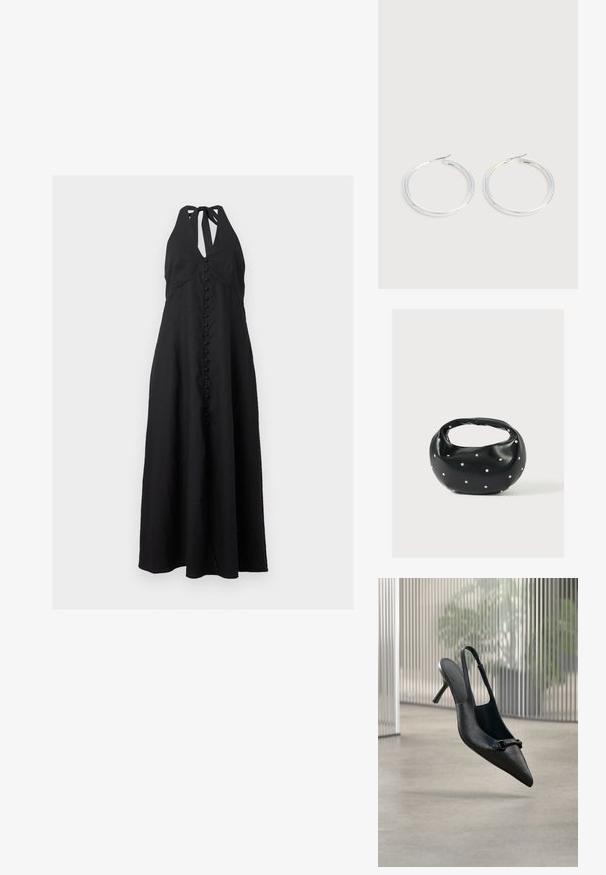 Μαύρο μάξι φόρεμα με halter neck, με μπροστινά κουμπιά καλυμμένα με ύφασμα και σιλουέτα τύπου Α.; Μαύρο υφασμένο δερμάτινο παπούτσι με ψηλό τακούνι, με μακρύ μυτερό άκρο και μικρή διακοσμητική αγκράφα, να αιωρείται πάνω από ένα λείο πάτωμα.; Μαύρη δερμάτινη τσάντα χειρός με στρογγυλεμένο σχήμα, διακοσμημένη με ασημένιες λεπτομέρειες με καρφιά και κοντή λαβή. Λείο υλικό και κλείσιμο με φερμουάρ.; Ζεύγος λαμπερών ασημένιων κρίκων με λεπτές σύρμα σφραγίδες, παρουσιασμένα σε ανοιχτό γκρι φόντο.