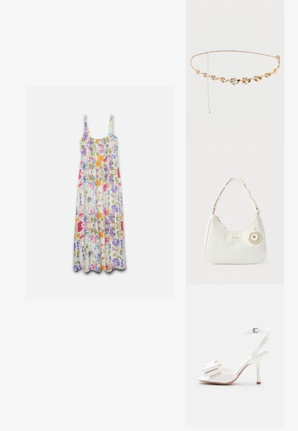 Robe maxi sans manches avec encolure ronde, présentant un motif floral coloré en rose, violet, orange, bleu et vert sur fond blanc.; Sandale blanche à talon haut avec bride à la cheville, bout ouvert et nœud décoratif sur la bride avant sur un fond uni.; Sac à main en similicuir blanc avec une forme incurvée, un accent floral et des accessoires dorés. Comprend une bandoulière texturée et une fermeture éclair.; Ceinture chaîne en or délicate avec de petites fleurs liées et une chaîne d'extension réglable sur un fond blanc uni.