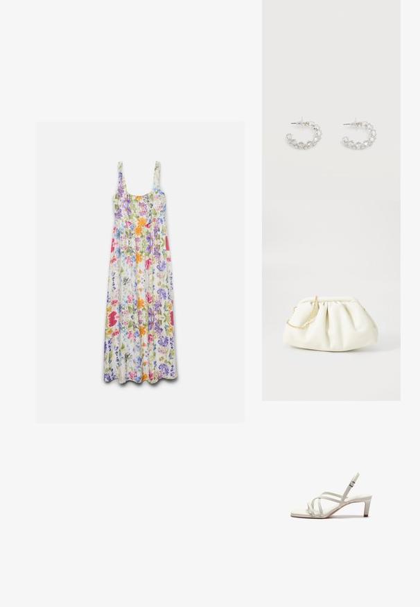 Vestido maxi sin mangas con escote redondo, con un estampado floral colorido en rosa, morado, naranja, azul y verde sobre fondo blanco.; Zign by Zalando Tacones - off white; Bolso de mano de cuero blanco con un diseño recogido, cuenta con una cadena dorada y forma redondeada. Textura suave con pliegues suaves y sin patrones.; Pendientes de aro plateados incrustados con cristales facetados transparentes, con cierre de poste y tapones auriculares transparentes sobre un fondo blanco.
