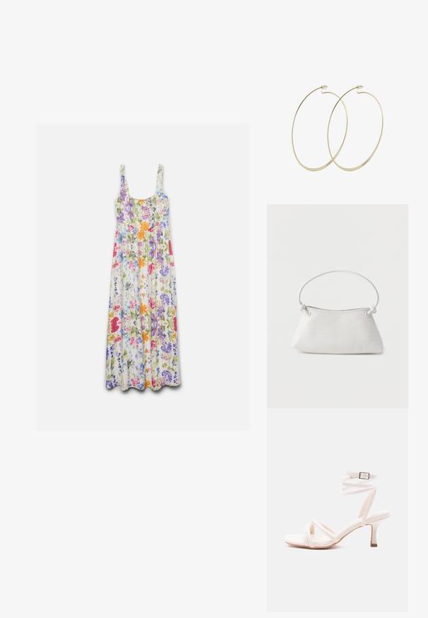 Mouwloze maxi-jurk met ronde hals, met een kleurrijk bloemmotief in roze, paars, oranje, blauw en groen op een witte achtergrond.; Witte sandaal met hak, voorzien van een voorzijde met bandjes, een enkelriempje met gesp en een smalle hak van gemiddelde hoogte, afgebeeld op een effen achtergrond.; Witte handtas van gevlochten leer met een afgeronde handgreep en uiteinden van de band die geknoopt zijn, afgebeeld tegen een effen achtergrond.; Pilgrim Oorbellen - gold-coloured
