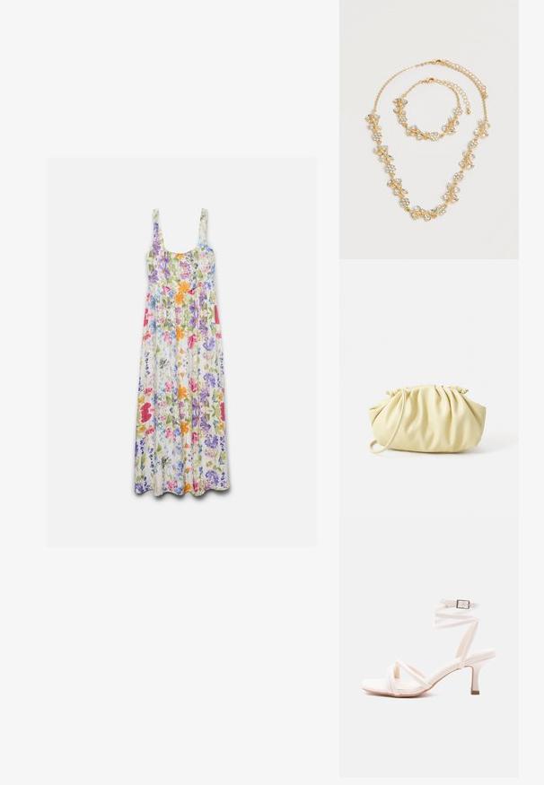 Robe maxi sans manches avec encolure ronde, présentant un motif floral coloré en rose, violet, orange, bleu et vert sur fond blanc.; Sandale blanche à talon avec lanières sur le devant, bride autour de la cheville avec boucle, et talon fin de hauteur moyenne sur un fond uni.; Sac à main plissé jaune en simili cuir lisse, arborant une forme douce avec une bandoulière unique et un design froncé sur le dessus.; Ensemble collier et bracelet ton or avec motifs floraux et feuilles en cristal clair, tous deux avec fermoirs chaîne réglables sur fond blanc.