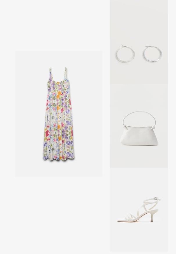Vestido maxi sin mangas con escote redondo, con un estampado floral colorido en rosa, morado, naranja, azul y verde sobre fondo blanco.; Sandalia blanca de mujer con tiras, tacones delgados, tres tiras delanteras y una correa en el tobillo con hebilla plateada.; Bolso de mano de cuero blanco tejido con asa redondeada y extremos de la correa anudados, exhibido sobre un fondo liso.; Pendientes de aro de metal plateado con superficie lisa y ligeramente curvada y cierre de tipo mosquetón sobre un fondo blanco liso.