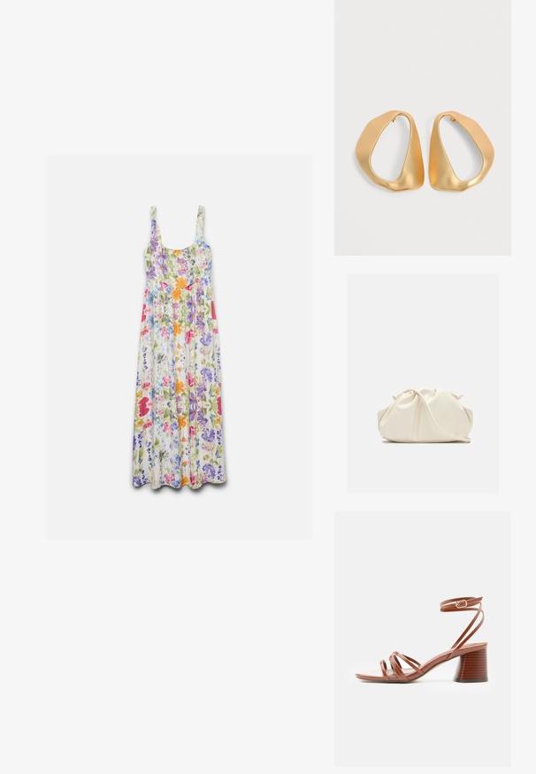 Mouwloze maxi-jurk met ronde hals, met een kleurrijk bloemmotief in roze, paars, oranje, blauw en groen op een witte achtergrond.; Bruine sandaal met bandjes, blokhak en enkelriempje met gesp, minimalistisch ontwerp, glad leren textuur, zijaanzicht op effen achtergrond.; Zachte, crèmekleurige leren clutch met geplooid, gerimpeld ontwerp en een dunne schouderriem die vooraan op een effen achtergrond ligt.; Een paar onregelmatige, asymmetrische gouden oorringen met een gladde, matte afwerking op een neutrale achtergrond.