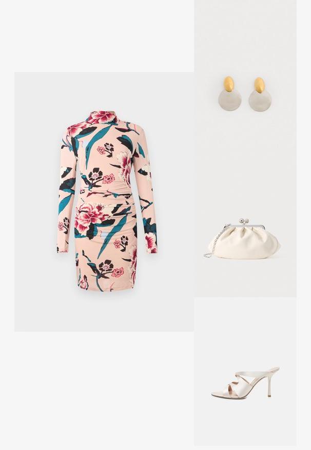Diane von Furstenberg AMY DRESS - Jurk - light pink; Beige muil met hoge hak, puntige neus, slanke stilettohak en drie brede leren riemen over de voet.; Crèmekleurige stoffen clutch met een geplooid ontwerp, een zilverkleurig metalen frame, twee decoratieve balletjes en een zilveren kettingriem.; Gouden en zilveren metalen oorbellen met een ronde schijfbasis en een ovale bovenstuk, gladde textuur en gepolijste afwerking.