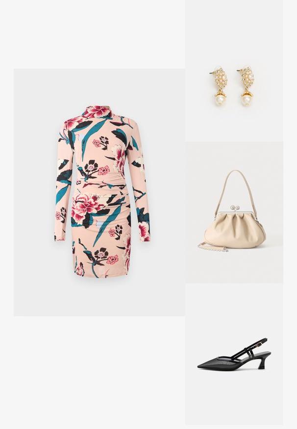 Diane von Furstenberg AMY DRESS - Φόρεμα ημέρας - light pink; Μαύρο γυναικείο παπούτσι slingback με μυτερή μύτη, επάνω μέρος από δίχτυ, λεπτά λουράκια, χρυσή αγκράφα και χαμηλό, καμπυλωτό τακούνι σε λευκό φόντο.; Μπεζ μαλακή δερμάτινη τσάντα με ασημένιο μεταλλικό πλαίσιο κλεισίματος, έναν μονό ιμάντα ώμου και προαιρετικό αλυσίδα ιμάντα σε λευκό φόντο.; Χρυσά σκουλαρίκια με λουλουδάτο σχέδιο, διακοσμημένα με μαργαριτάρια και μια μεγαλύτερη σταγόνα μαργαριταριού. Στη διακόσμηση περιλαμβάνονται μικρά, διάφανα κρύσταλλα.