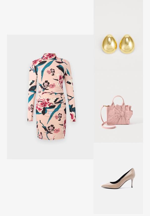 Diane von Furstenberg AMY DRESS - Φόρεμα ημέρας - light pink; Μπεζ ψηλοτάκουνο παπούτσι από λουστρίνι με μυτερή μύτη, λεπτό τακούνι στιλέτο και μαύρη εσωτερική επένδυση σε λευκό φόντο.; Μικρή ροζ τσάντα χειρός με δύο κοντές λαβές, αποσπώμενο ιμάντα ώμου και μεγάλο διακοσμητικό φιόγκο στο μπροστινό μέρος.; Χρυσά σκουλαρίκια με στρογγυλή, γυαλιστερή επιφάνεια και σχήμα σταγόνας, που αντανακλούν το φως για ένα λαμπερό φινίρισμα.