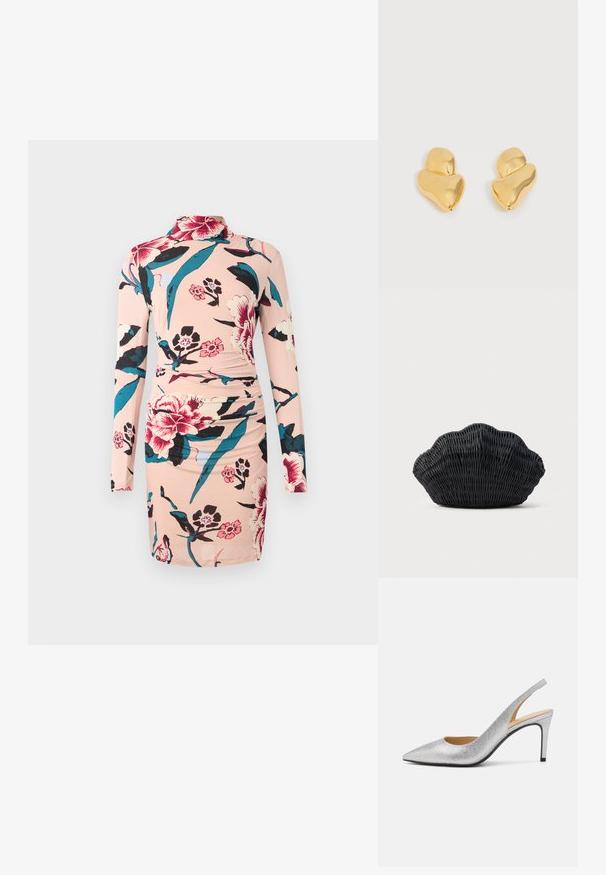 Diane von Furstenberg AMY DRESS - Hverdagskjole - light pink; Sølvglitrende slingback stilethæle med spids tå, en taperende hæl og en udskæring på siden. Glat tekstur og skinnende finish.; Sort flet håndtaske formet som en muslingeskal med en buet top og flettet tekstur på en ensfarvet baggrund.; Par uregelmæssige abstrakte polerede guldbolte øreringe på hvid baggrund.