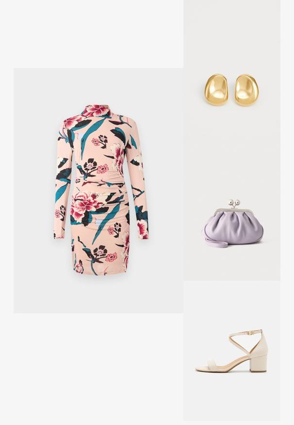 Diane von Furstenberg AMY DRESS - Denné šaty - light pink; Béžové sandále na blokovom opätku s minimalistickým dizajnom, otvorenou špičkou a nastaviteľným popruhom okolo členka s zlatou sponou. Hladká textura.; Mäkké levanduľové listové puzdro so zvraštenou látkou, strieborným zapínaním kiss-lock a zodpovedajúcim náramkom na jednoduchom svetlom pozadí.; Náušnice so zlatou farbou v tvare hladkých, zaoblených bodiek s reflexným povrchom, prezentujúce minimalistický dizajn bez viditeľných vzorov.