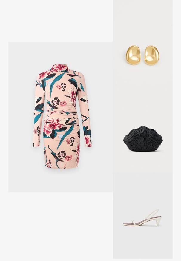 Diane von Furstenberg AMY DRESS - Denné šaty - light pink; Biele sandále na opätku so slabým podpätkom, tenkými pásikmi a hladkým koženým povrchom; obsahujú malú dekoratívnu sponu.; Čierna prútená kabelka v tvare mušle s oblým horným okrajom a tkanou textúrou na jednoduchom pozadí.; Náušnice so zlatou farbou v tvare hladkých, zaoblených bodiek s reflexným povrchom, prezentujúce minimalistický dizajn bez viditeľných vzorov.