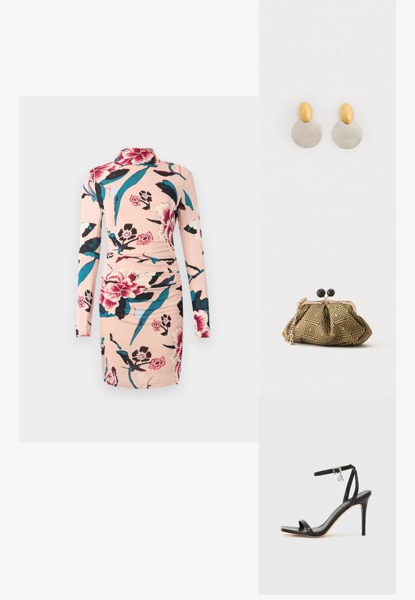 Diane von Furstenberg AMY DRESS - Freizeitkleid - light pink; Schwarze High-Heel-Sandale mit schmalem Knöchelriemen, quadratischer Zehenbox, glattem Leder und metallischem Schnallenakzent.; Kleine Clutch mit goldenem und schwarzem geometrischem Muster, goldfarbenem Metallrahmen, schwarzem Kugelverschluss und kurzem goldfarbenem Kettenriemen.; Ohrringe aus Gold und Silber mit einer runden Diskusbasis und einem ovalen Oberteil, glatte Textur und polierte Oberfläche.