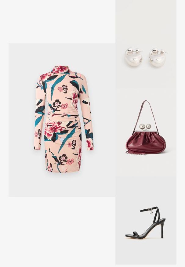 Diane von Furstenberg AMY DRESS - Denné šaty - light pink; Čierna sandála na vysokom opätku s úzkym remienkom okolo členka, štvorcovou špičkou, hladkým koženým materiálom a kovovým zapínaním.; Malá bordová kožená kabelka so záhybmi, tenkým remienkom a striebornou prackou s dvoma veľkými okrúhlymi gombíkmi.; Pár lesklých strieborných masívnych kruhových náušníc s uzávermi na zadnej strane na jednoduchom bielom pozadí.