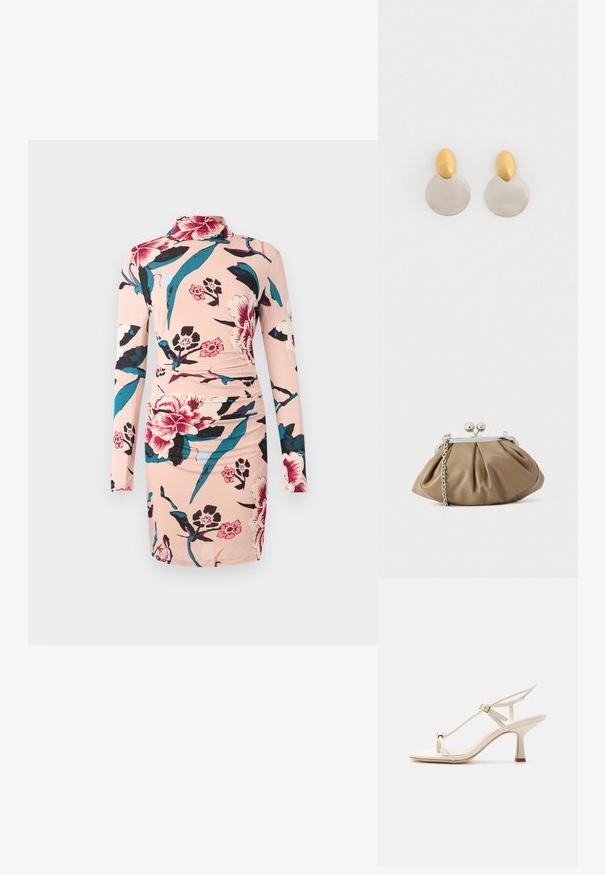 Diane von Furstenberg AMY DRESS - Freizeitkleid - light pink; Beige Sandalette mit hohen Absätzen, dünnen Riemen, verstellbarer Schnalle, Zehenring-Detail und einem spitz zulaufenden Blockabsatz auf einer ebenen Fläche.; Lederclutch in sanftem Beige mit abgerundeter Form, plissierter Textur, silbernem Kissenschloss und abnehmbarem Kettenriemen.; Ohrringe aus Gold und Silber mit einer runden Diskusbasis und einem ovalen Oberteil, glatte Textur und polierte Oberfläche.