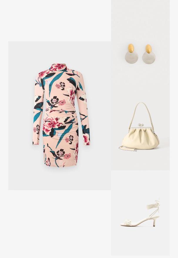 Diane von Furstenberg AMY DRESS - Φόρεμα ημέρας - light pink; Παντόφλα με χαμηλό τακούνι σε κρεμ απόχρωση, με κορδόνια που δένουν στον αστράγαλο και φαρδιά στριφτή λουρίδα πάνω από τα δάχτυλα, σε απλό λευκό φόντο.; Τσάντα από μαλακό δέρμα σε μπεζ απόχρωση με σούρες, ασημένιο κούμπωμα με πλαίσιο, κοντή λαβή και αποσπώμενο αλυσίδα.; Χρυσά και ασημένια σκουλαρίκια από μέταλλο, με στρογγυλή βάση δίσκου και οβάλ κομμάτι στην κορυφή, λεία υφή και γυαλιστερή φινίρισμα.