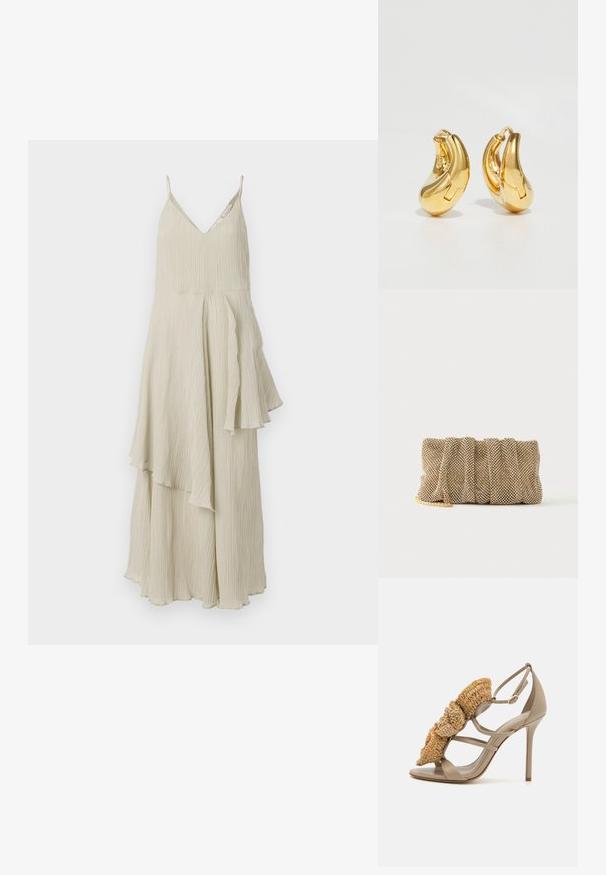 Vestido de color crema con escote en V, tirantes finos y un diseño fluido y en capas que presenta pliegues texturizados y dobladillos asimétricos.; Sandalia de tacón stiletto beige con un acento de paja trenzada en la parte delantera, diseño de tiras y parte trasera cerrada. Parte superior y suela de cuero suave.; Pequeño bolso de mano de malla dorada con un diseño fruncido y una correa de cadena dorada parcialmente visible sobre un fondo blanco liso.; Pendientes de aro de oro con forma curva y suave, y acabado pulido. Presentan un mecanismo de cierre y ligeras indentaciones para un toque de detalle.