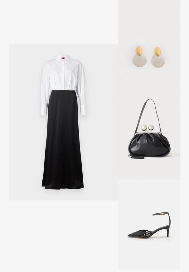Hvid skjorte med lange ærmer parret med en sort satin maxi-nederdel, hvilket skaber et to-farvet, lagdelt design.; Sort læder højhælet sko med spids tå, åbne sider og en tynd ankelrem med en lille guld detalje.; Sort læderhåndtaske med opsamlet design, en enkelt rem, sølv metalramme og to store runde sølv lukninger.; Guld- og sølvmetalløreringe med en rund skivebund og et ovalt topstykke, glat tekstur og poleret finish.