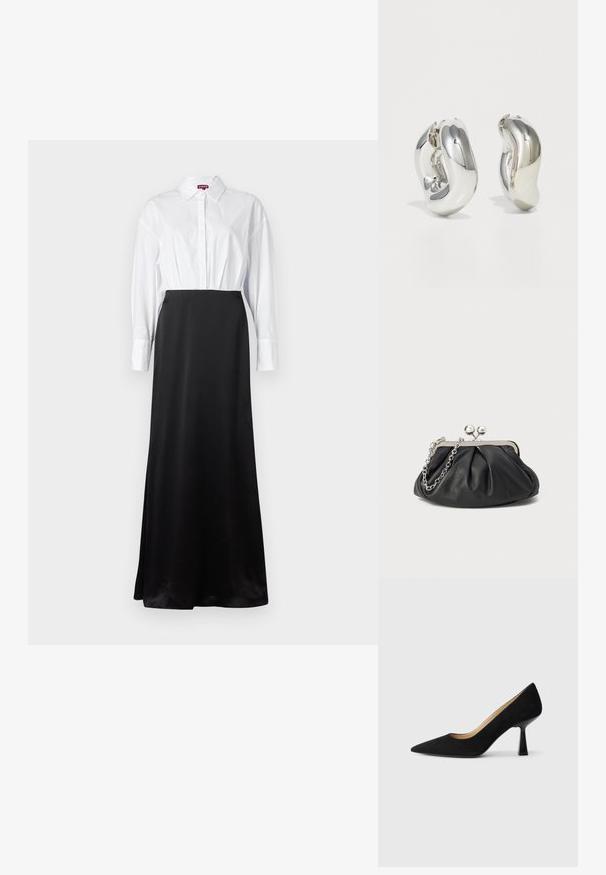 Chemise blanche à manches longues assortie à une jupe maxi en satin noir, créant un design stratifié en deux tons.; Pompe à talons hauts en suède noir avec un bout pointu, dotée d'un talon bloc noir brillant et d'une doublure intérieure lisse.; Porte-monnaie en cuir noir avec texture froncée, cadre en métal argenté, fermeture à verrouillage kiss-lock et bandoulière en chaîne. Surface lisse et douce.; Boucles d'oreilles sculpturales en argent avec des formes douces et courbes et des surfaces réfléchissantes. Présentent un design de boucle fermée et une forme organique distincte.