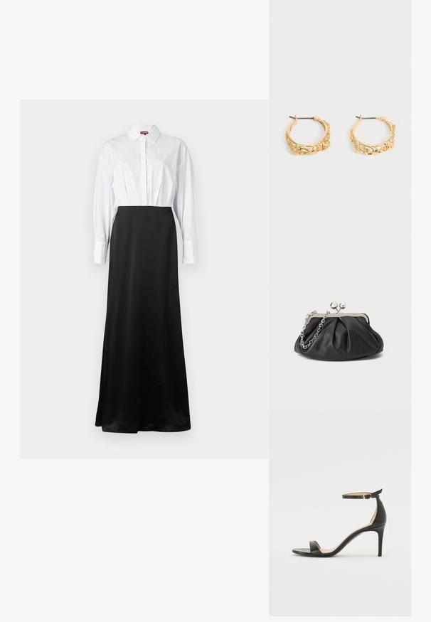Weißes Hemd mit langen Ärmeln, kombiniert mit einem schwarzen Satin-Maxirock, der ein zweifarbiges, geschichtetes Design schafft.; Schwarze Leder-high-heeled Sandale mit Knöchelriemen. Verfügt über eine glatte Textur, offene Zehen und einen dünnen Absatz. Goldfarbener Schnallenakzent.; Schwarze Leder-Clutch mit geraffter Textur, silberfarbener Metallrahmen, Druckverschluss und Kettenriemen. Glatte, weiche Oberfläche.; Paar goldfarbene Creolen mit verziertem Blumen- und Blattrelief auf neutralem Hintergrund.