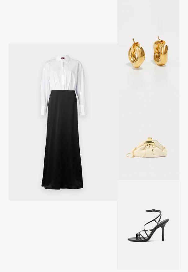 Chemise blanche à manches longues assortie à une jupe maxi en satin noir, créant un design stratifié en deux tons.; Sandale noire à talons hauts avec des brides fines, une boucle à la cheville, une surface en cuir lisse et un talon aiguille élancé.; Pochette couleur crème en matière douce, dotée d'un fermoir doré et d'une bandoulière chaîne, avec un design froncé sur le corps.; Boucles d'oreilles créoles en or massif avec un design tubulaire légèrement tordu et des fermoirs à tige sur un fond blanc.