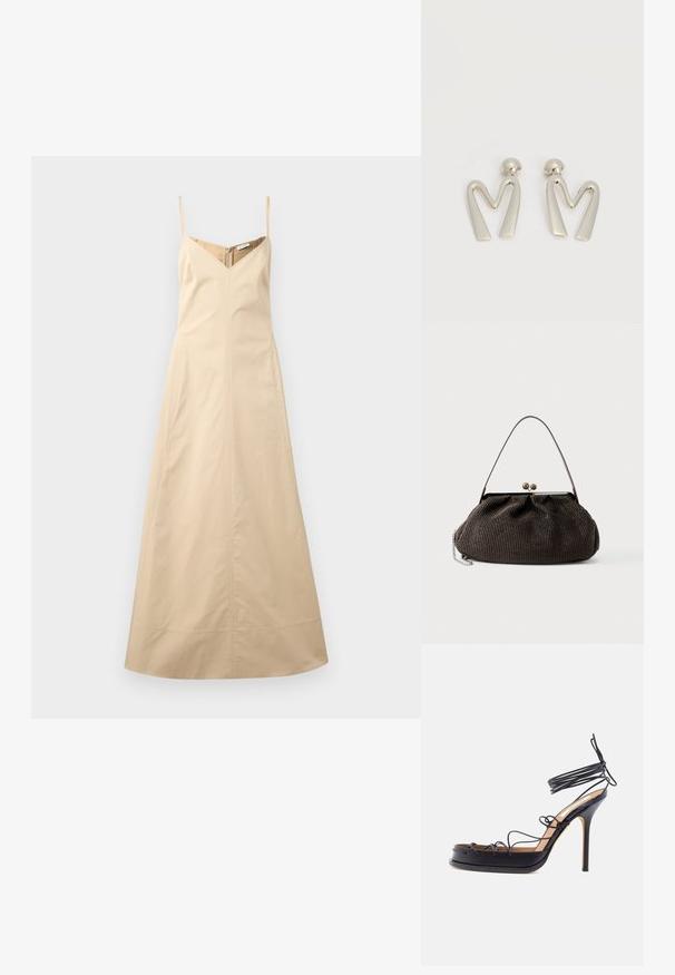 Robe longue beige sans manches avec fines bretelles, décolleté en V et corsage cintré, étalée à plat sur un fond blanc.; Sandale noire à talon haut avec des fines lanières en cuir entourant le pied et la cheville, dotée d'un talon aigu en forme de stiletto.; Petit sac à main texturé marron foncé avec une courte bandoulière, un cadre métallique et une fermeture à fermoir, posé sur un fond clair uni.; Paire de boucles d'oreilles en métal argenté en forme de lettre M angulaire avec des tiges arrondies sur fond blanc.