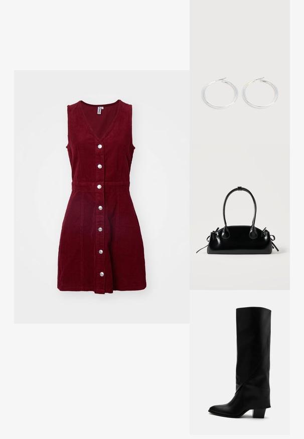 ONLY ONLMOXIE DRESS - Robe de jour - cabernet; Botte haute en cuir noir avec couture inclinée, bout pointu et talon épais de taille moyenne sur fond blanc.; Petit sac à main noir brillant avec deux longues anses et des détails à cordon sur les côtés sur un fond clair uni.; Paire de boucles d'oreilles créoles argentées brillantes avec fermoirs en fil fin, présentée sur un fond gris clair.
