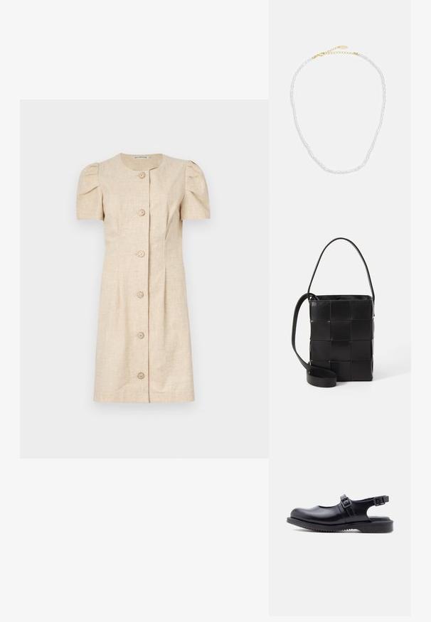 Korte mouw beige jurk met een rechte snit, featuring pofmouwen, een ronde halslijn en vijf decoratieve knopen aan de voorkant.; Zwart leren Mary Jane-schoen met twee verstelbare gespsluitingen en een dikke, gegroefde rubberen zool.; Zwarte leren tas met een geweven ontwerp. Rechthoekige vorm, korte handgreep en verstelbare schouderband. Soepele textuur met een matte afwerking.; Parelketting met een verfijnd ontwerp, bestaande uit kleine witte parels en een gouden kettingverlengstuk met een sluiting voor verstelbare lengte.
