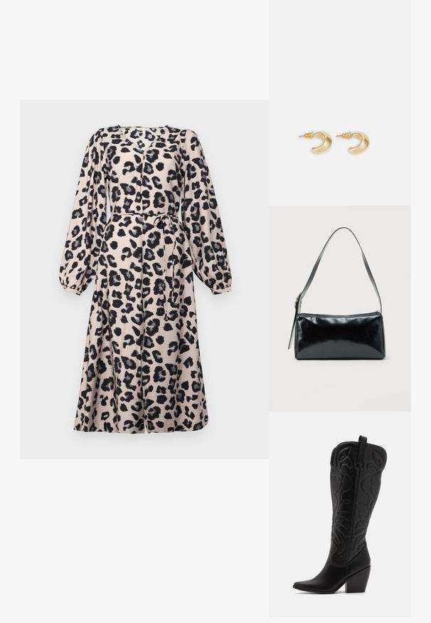Leopardenmusterkleid in Beige mit schwarzen Flecken, langen Puffärmeln, einem gebundenen Taillengürtel und einem knielangen A-Linien-Rock. Weicher Stoff.; Schwarze kniehohe Stiefel aus Leder mit spitz zulaufender Zehenpartie und gestapeltem Absatz. Verfügt über dekorative Nähte und geschwungene Designelemente.; Schwarze rechteckige Schultertasche mit einem verstellbaren Riemen und einem oberen Reißverschluss vor einfachem Hintergrund.; Goldene, mondförmige Ohrringe mit glatter Oberfläche, die orangefarbene Akzente nahe dem Stecker und silberne Beschläge aufweisen.