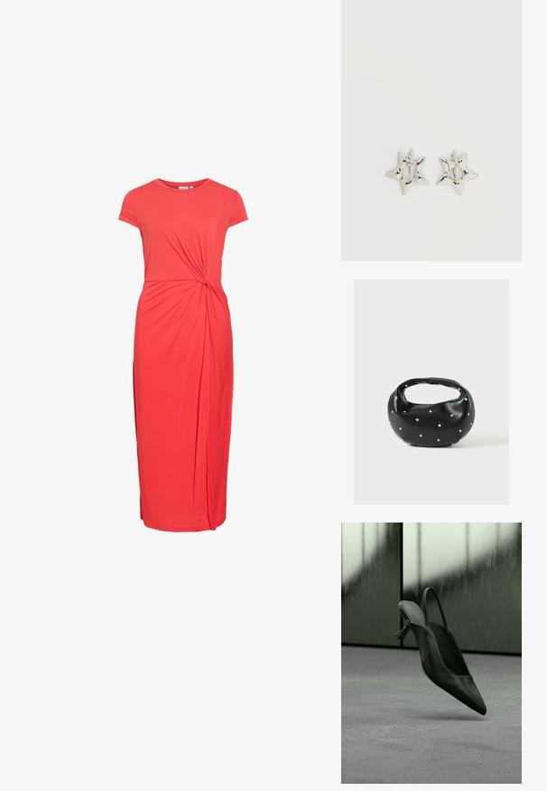 Robe midi rouge avec manches courtes, col rond et détail froncé torsadé à la taille sur le devant au centre.; Escarpin à talon haut en cuir noir avec bride arrière et bout pointu, flottant au-dessus d'un sol recouvert de moquette grise, mur verdâtre flou en arrière-plan.; Sac à main en cuir noir de forme arrondie, décoré de clous argentés et équipé d'une poignée courte. Texture lisse et fermeture éclair.; Boucles d’oreilles créoles en forme d’étoile argentée avec une finition lisse et polie sur un fond blanc uni.