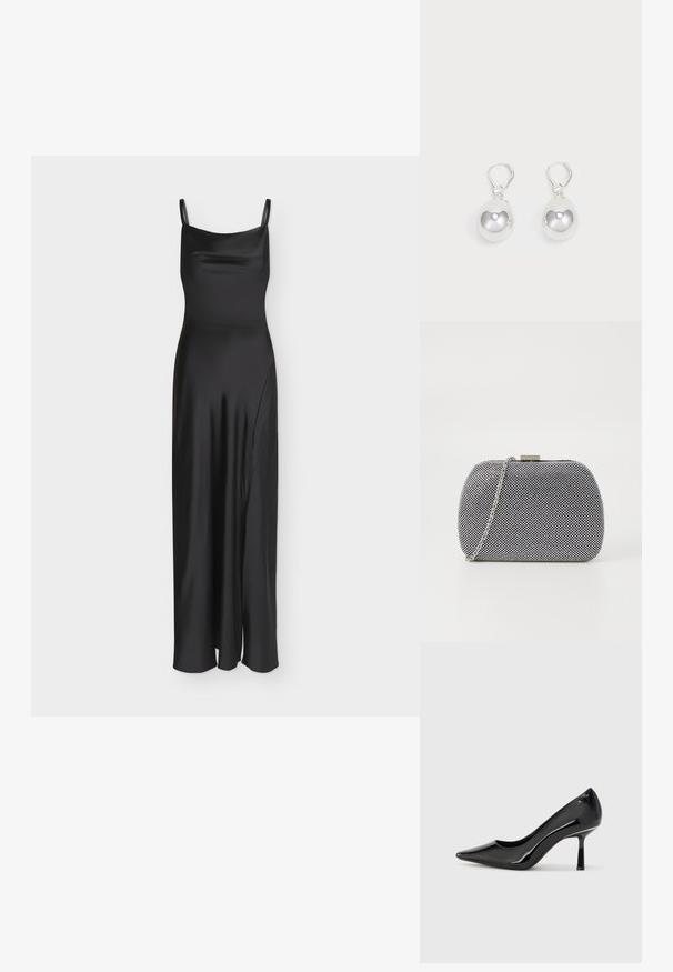 Longue robe nuisette noire en satin avec fines bretelles et une fente latérale discrète.; Escarpin noir en cuir verni avec un bout pointu, un design épuré et un talon aiguille mince, offrant une texture lisse et brillante.; Pochette texturée noir et blanc de forme arrondie, avec une chaîne en métal argenté et un fermoir en métal en haut.; Boucles d'oreilles en argent en forme de goutte avec des surfaces lisses, rondes et réfléchissantes, suspendues à des fermoirs à ressort. L'arrière-plan est blanc uni.
