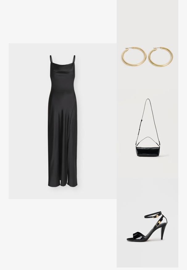 Longue robe nuisette noire en satin avec fines bretelles et une fente latérale discrète.; Sandale à talon haut en cuir verni noir avec double bride de cheville et boucles dorées, bout ouvert, et talon effilé sur fond neutre.; Sac bandoulière rectangulaire en cuir noir avec bandoulière ajustable, fermeture éclair sur le dessus et petit logo Calvin Klein doré sur le devant.; Paire de boucles d'oreilles créoles en or lisse et brillant avec des tiges fines et des fermoirs à charnière sur un fond clair uni.
