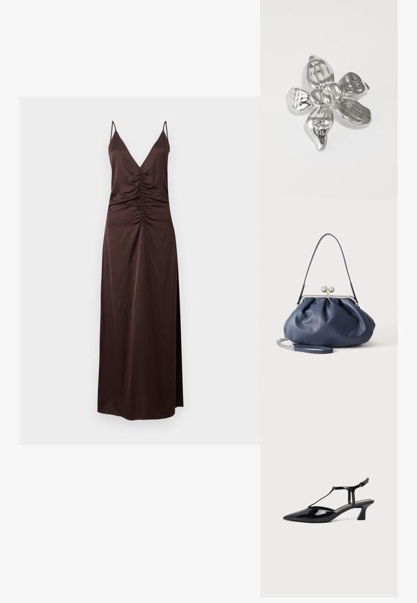 Robe marron en satin sans manches avec des fronces sur le devant et de fines bretelles, longueur au sol avec une fente latérale.; Chaussure slingback en cuir verni noir à bout pointu avec bride en T et petit talon bloc incliné sur fond blanc.; Sac à main en cuir bleu marine doux avec fermeture à boucle argentée, une seule bandoulière, et une chaîne de poignet amovible sur fond blanc.; Broche en argent en forme de fleur avec des pétales arrondis, des textures variées et une finition polie. Elle présente un groupe de bourgeons au centre, reflétant la lumière.