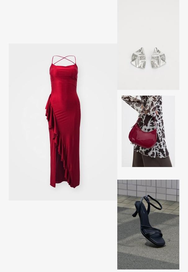 Rød satin maxikjole med justerbare korsrygsstropper, der har en rynke detaljer på siden og en tætsiddende silhuet. Glat tekstur, elegant design.; Sort højhælet sandal med stropper og ankelspænde, der svæver over tekstureret gråt fortov med flisebelagt væg i baggrunden.; Kvinde iført en sort- og hvidmønstret bluse, der holder en blank rød skuldertaske mod en ensfarvet baggrund.; Sølvmetal øreringe med et bølgende, skulpturelt design, der har en poleret overflade og uregelmæssige former, hvilket fremhæver en moderne æstetik.