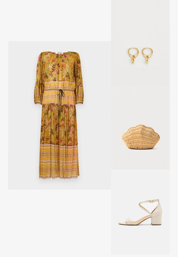 Vestido largo amarillo con flores, mangas largas, cintura con cordón y falda con volantes. Presenta patrones de cachemira y geométricos con acentos en rosa y naranja.; Sandalias de tacón bloque en color beige que presentan un diseño minimalista, punta abierta y una correa ajustable en el tobillo con detalle de hebilla dorada. Textura suave.; Bolso de mano de ratán tejido con forma de concha de vieira, de color marrón claro natural y bordes redondeados y texturizados.; Pendientes de aro de oro con un acabado metálico suave, que cuentan con un charm en forma de lágrima suspendido de cada aro. Diseño simple con una textura brillante.