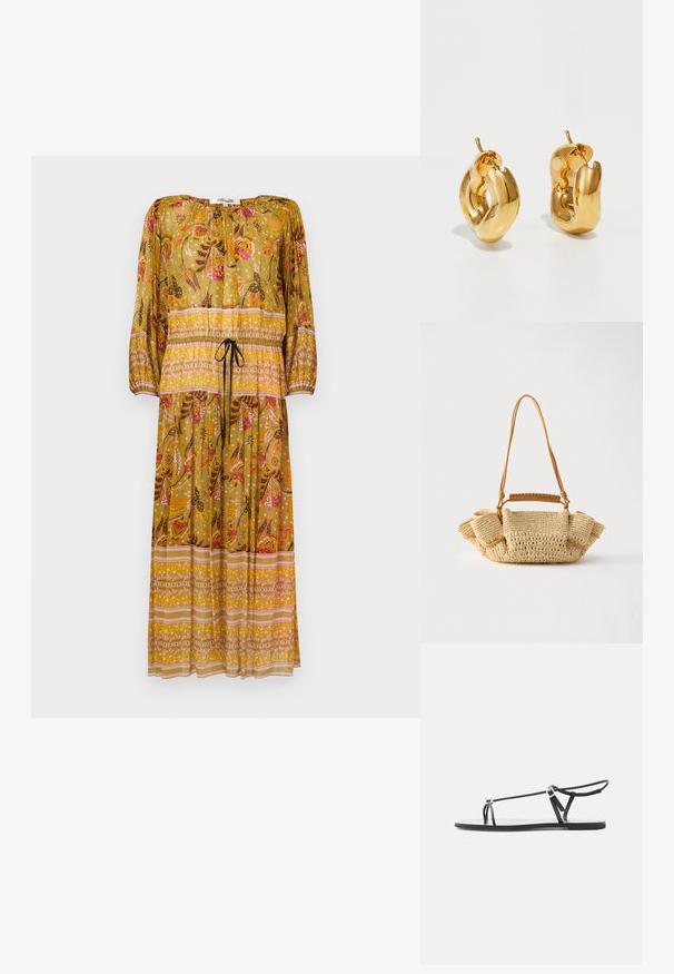 Vestido largo amarillo con flores, mangas largas, cintura con cordón y falda con volantes. Presenta patrones de cachemira y geométricos con acentos en rosa y naranja.; Sandalia plana negra con tiras finas, una lazada para el dedo y una hebilla ajustable en el tobillo sobre un fondo gris claro.; Bolso tejido beige con una correa larga y delgada y lados fruncidos, con un asa corta envuelta en cuero para opciones de transporte.; Pendientes de aro grueso en oro con un diseño tubular ligeramente retorcido y cierre de presión, sobre un fondo blanco.