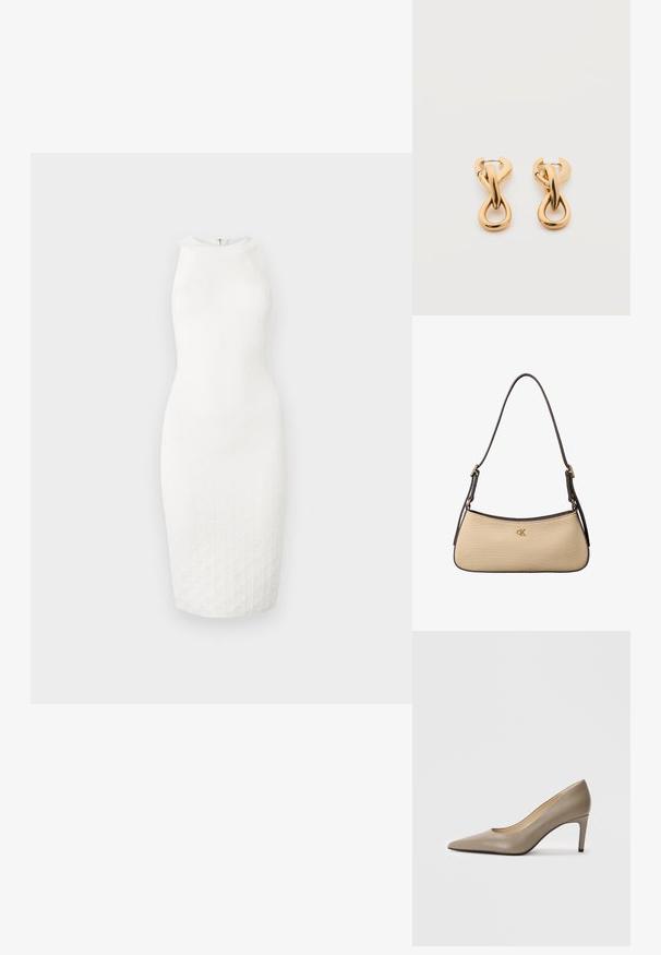 Robe blanche sans manches jusqu'aux genoux avec un col montant et un motif texturé subtil sur le tissu, présentée sur un fond uni.; Chaussure à talon haut en cuir beige avec un bout pointu et un talon slim de 7 cm. Surface lisse et design minimaliste sans embellissements visibles.; Sac à bandoulière rectangulaire beige avec une sangle réglable brun foncé et un logo doré "cK" centré à l'avant.; Paire de boucles d'oreilles créoles en bouclettes dorées brillantes sur fond blanc uni, présentant un design torsadé entrelacé.