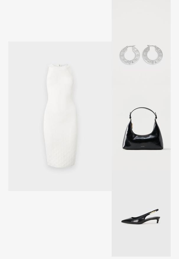 Robe blanche sans manches jusqu'aux genoux avec un col montant et un motif texturé subtil sur le tissu, présentée sur un fond uni.; Talons hauts en cuir noir avec un bout pointu, dotés d'un talon fin et d'un accent en ton or sur la lanière réglable. Texture lisse.; Sac à main Calvin Klein noir brillant avec fermeture éclair dorée et anse courte sur fond blanc uni.; Boucles d'oreilles en argent en forme de cerceau, avec les lettres gravées "DKNY" et trois pierres précieuses transparentes soulignant le design. Forme circulaire avec finition brillante.